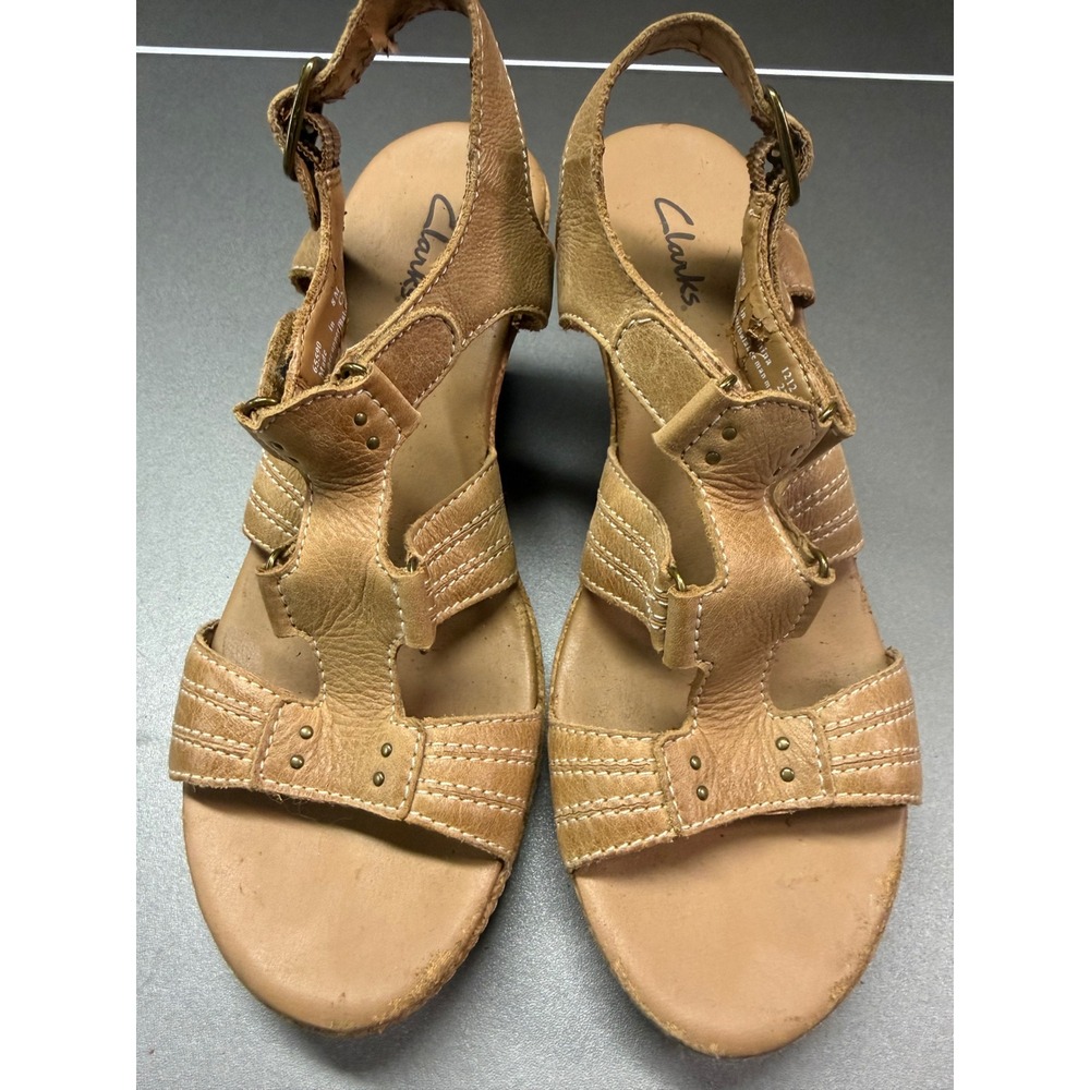 Clarks Women Tan Leather Strappy Cork Wedge Sandals 8M 65590